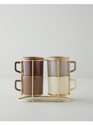 English Home 4 Parçalı Kahverengi-Gold Cam Standlı Kupa Seti 180 ml Şık Tasarım
