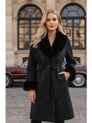 Anbly Collection Yakası ve Kolları Kürklü Kuşaklı Kaşe Kadınkaban