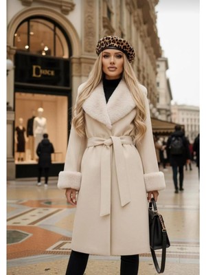 Anbly Collection Yakası ve Kolları Kürklü Kuşaklı Kaşe Kadınkaban