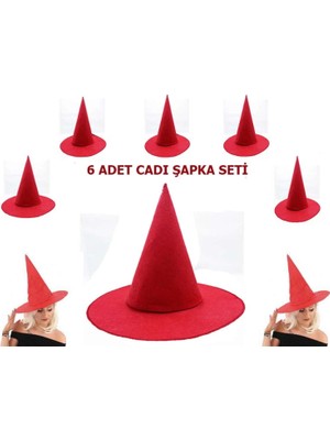 MiraLive Kırmızı Renk Keçe Cadı Şapkası Yetişkin Çocuk Uyumlu 6 Adet