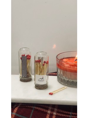 Birmiamu Cam Mantarlı Fanuslu Dekoratif Kibrit – 20 Adet Kırmızı Kibrit – Mum Yanı Şık Aksesuar