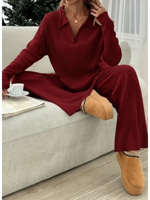 Nidam Butik Kadın Uzun Kollu V Yakalı Şardonlu Kaşkorse Bluz ve Pantolon Ikili Takım