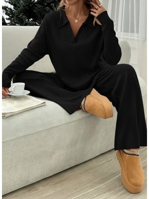 Arben Boutique Kadın Uzun Kollu V Yakalı Şardonlu Kaşkorse Bluz ve Pantolon Ikili Takım