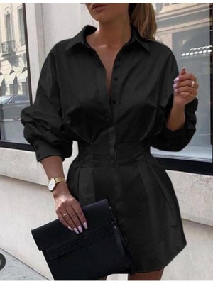 Evyora Kadın Pamuk Polyester Kumaş Belden Pileli Gömlek Elbise