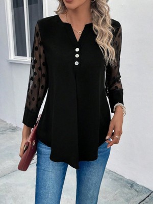 Mericline Kadın Uzun Kollu Yakadan Düğmeli Kolları Tül Detaylı Viskon Bluz