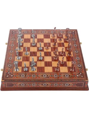 Shop A Way Büyük Boy Metal Ingiliz Satranç Takımı Antik ve Masif Hakiki Sedef Çekmeceli Tahta