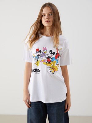 Lc Waikiki Yeni Sezon Bisiklet Yaka Mickey Mouse Baskılı Kadın Tişört
