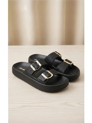 Shubuu Kadın Çift Toka Günlük Deniz Havuz Plaj Terliği Hafif Ortopedik Taban Gold Tokalı Terlik E283