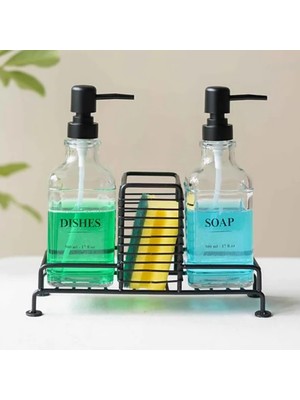 Shop A Way Meturas Mutfak Sabun ve Deterjan Dispenser Seti Demir Çiftli Pompa ve Sünger Standı 500 ml Siyah