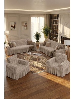 KUTLALE Jakarlı 3+3+1+1 Osmanlı Desen Koltuk, Kanepe, Çekyat Örtüsü, Etekli, Streç, Esnek, Lastikli, Koltuk Kılıfı 3311 Takımı