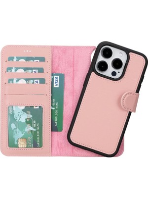 Dekofon Apple iPhone 15 Pro Uyumlu Deri Cüzdanlı Kılıf Mwwn Nu2 Pembe