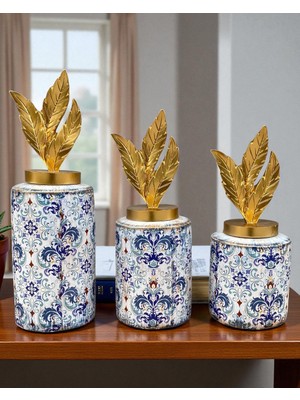 Mavi Desenli Üçlü Silindir Seramik Set