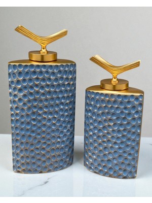 Altın Detaylı Mavi Dokulu Ikili Dikdörtgen Seramik Set