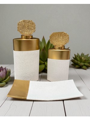 Altın Beyaz Dokulu Üçlü Dikdörtgen Seramik Set