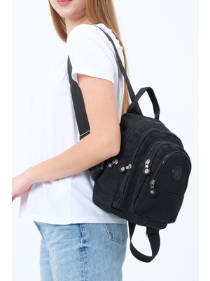 Siyah Unisex Krinkıl Kumaş Çok Bölmeli Sırt Çantası Günlük Çok Gözlü Suya Dayanıklı