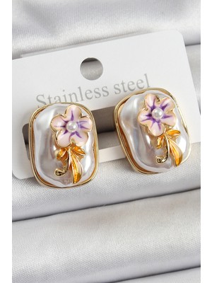 Dekofon Pirinç Beyaz Mineli Inci Detaylı Çiçek Figürlü Sanatsal Portre Model Gold Renk Kadın Küpe