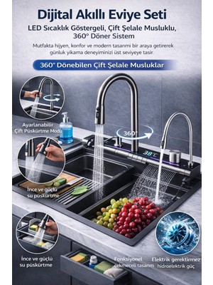 Sb Shopping Dijital Akıllı Eviye Seti – LED Isı Göstergeli, Çift Şelale Musluk, 360° Döner, Hidroelektrik Siste
