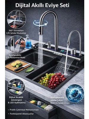 Sb Shopping Dijital Akıllı Eviye Seti – LED Sıcaklık Göstergeli, Çift Şelale Musluklu, 360° Döner Sistem