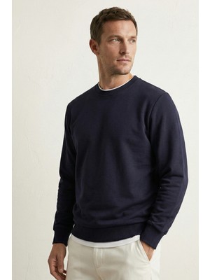 elemge Pamuklu Erkek Sweatshirt Lacivert Soft Touch Relax Fit Basic Bisiklet Yaka 3 Iplik Nefes Alan