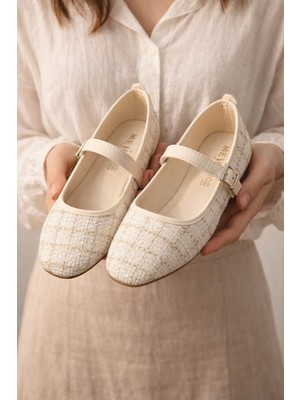 Solario Darius Tüvit Kumaş Tokalı Kadın Rahat Babet Düz Taban Klasik Ayakkabı