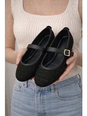 Solario Darius Tüvit Kumaş Tokalı Kadın Rahat Babet Düz Taban Klasik Ayakkabı