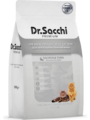 Hype Store Dr.sacchi Premium Düşük Tahıllı Somonlu ve Ton Balıklı Kısırlaştırılmış Kedi Maması 1 kg
