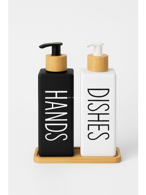 Hype Store Busstier Bulaşık Deterjanlık ve Sabunluk Seti Bambu Tepsili Şık Ikili Set Siyah Beyaz Modern Tasarım