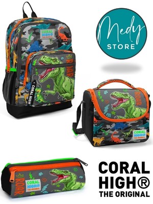Coral High Siyah Gri Dinozor Desenli 3’lü Okul Çanta Seti