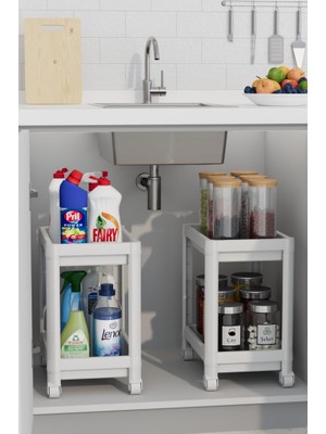 Hype Store Mithra Life 2 Adet 2 Katlı Tekerlekli Tezgah Altı Beyaz Banyo Mutfak Rafı MIT1120