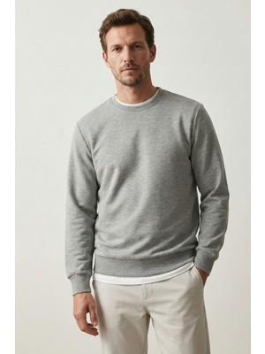 elemge Pamuklu Erkek Sweatshirt Gri Soft Touch Relax Fit Basic Bisiklet Yaka 3 Iplik Nefes Alan