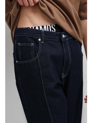 Vamos Dikiş Detaylı Relaxed Fit Jean Koyu Mavi