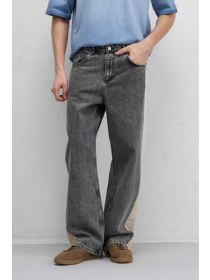 Vamos Yan Şeritli Baggy Fit Jean Antrasit
