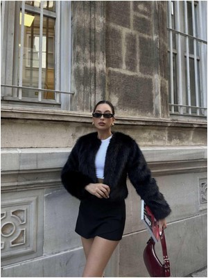 Moda Durağı Yakasız Ithal Kaliteli Kürk Siyah