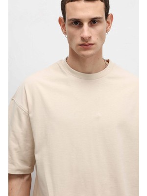 Vamos Basic Oversize Bisiklet Yaka Tişört Bej