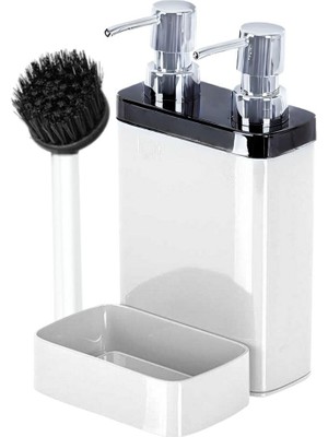 Hype Store 2’li Sıvı Sabun ve Bulaşık Deterjanı Dispenser Seti – Krom Kapaklı, Fırça ve Sünger Hazneli Şık Mutf