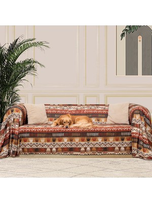 Hype Store Softmicro Boho Etnik Desenli Mikrofiber Koltuk Örtüsü ve Şalı, Kaymaz TOPRAK180X220 cm