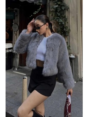 Moda Durağı Yakasız Ithal Kaliteli Kürk Gri