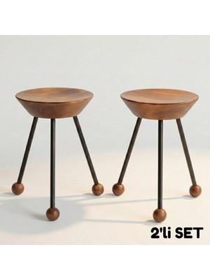 Wood Stone Art 2'li Set Ahşap Tabure Metal 3 Ayaklı 47 cm