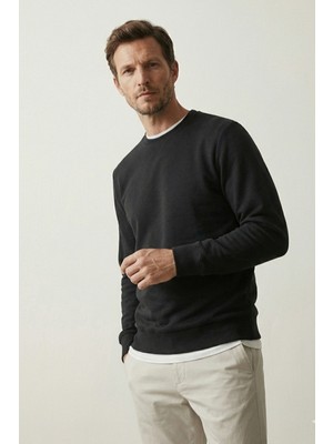 elemge Pamuklu Erkek Sweatshirt Siyah Soft Touch Relax Fit Basic Bisiklet Yaka 3 Iplik Nefes Alan