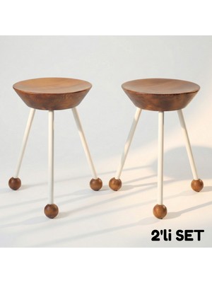 Wood Stone Art 2'li Set Ahşap Tabure Metal 3 Ayaklı 47 cm