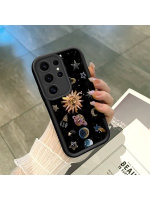 HONTINGA Samsung Galaxy S25 Ultra ile Uyumlu Kılıfı Düşüme Önleyici Basitlik Anti Düşme Kamera Korumali Gökyüzü Siyah Desen Yumuşak Silikon Telefon Kılıfı Kadın ve Erkek Için Uygundur K2-0240