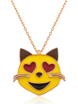 Tuncel Store 925 Ayar Gümüş Kalp Gözlü Kedi Emoji Kadın Gümüş Kolye PT2610802 (945)