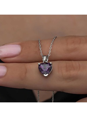 Tuncel Store 925 Ayar Gümüş Mor Taşlı Kalpli Kadın Kolye T8322 (945)