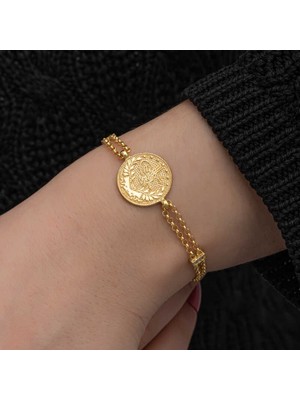 Tuncel Store 925 Ayar Gümüş Gold Kaplama Tuğralı Kadın Bileklik T8654 (945)