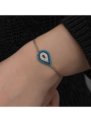 Tuncel Store 925 Ayar Gümüş Damla Nazar Kadın Bileklik T8647 (945)