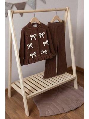 Miniğimin Cicileri Fiyonk Detaylı Fitilli Triko Hırka ve Pantolon 2’li Kız Takımı - Acı Kahve