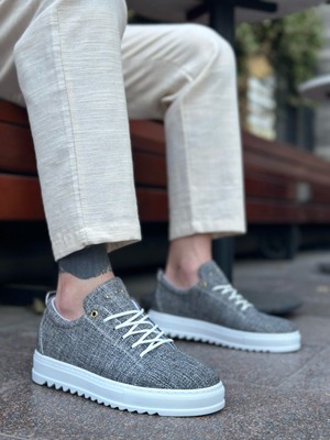 Baybonza BA0152 Bağcıklı Yüksek Taban Gri Kırçıllı Keten Erkek Ayakkabı