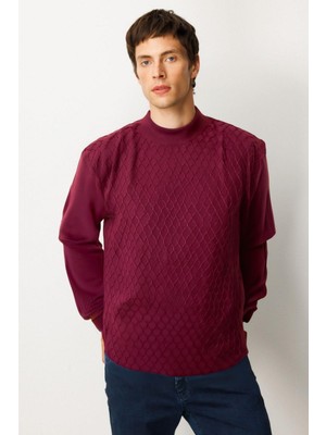 Desen Triko Erkek Yarım Balıkçı Yaka Petek Desenli Kazak Bordo