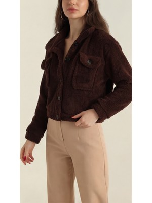 Modeva Global Kadın Kahverengi Düğmeli Çift Cepli Tedy Comfort ve Şik Peluş Mont