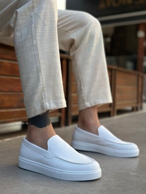 Baybonza BA0241 Bağcıksız Yüksek Taban Beyaz Cilt Erkek Ayakkabı